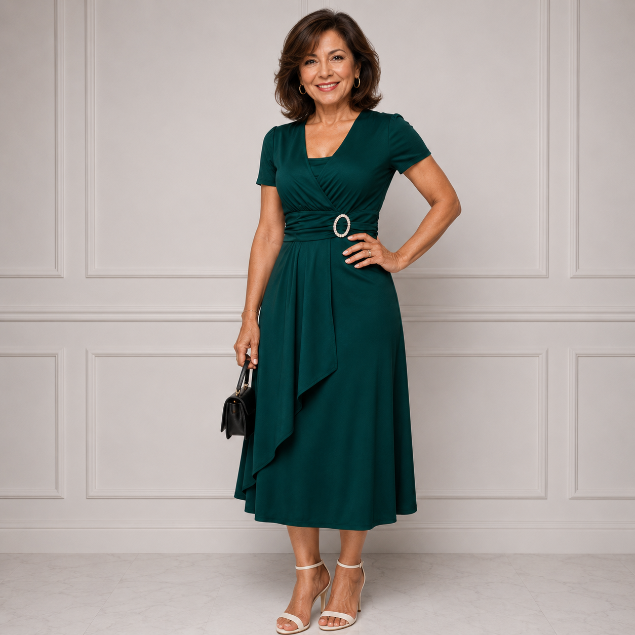 Rhinestone waist midi dress in deep green, short sleeves, V-neck wrap skirt