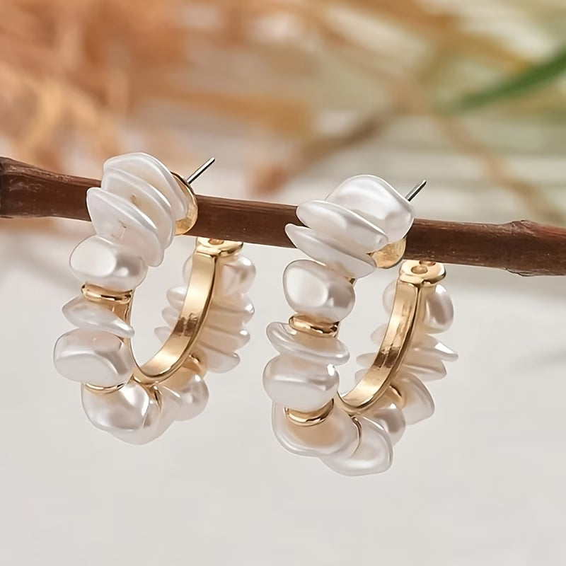 Chunky pearl statement earrings with white clustered pearls and gold inner hoop, stud style