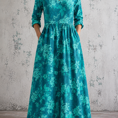 MARIE™ floral summer dress, teal V-neck, 3/4 sleeves, gathered waist maxi