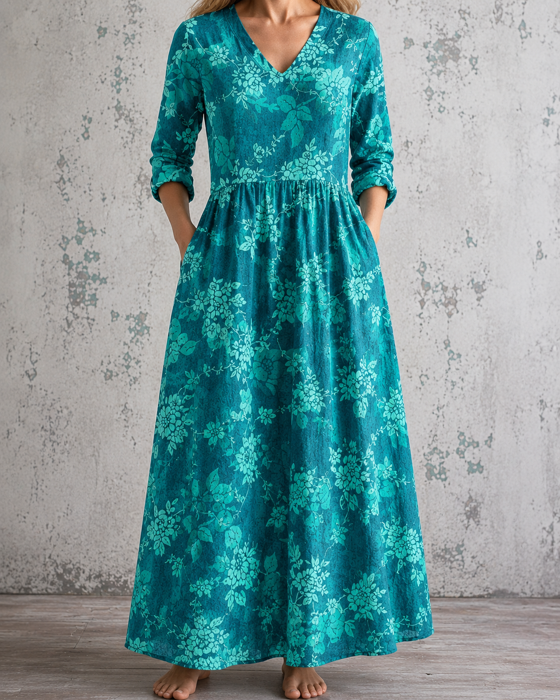 MARIE™ floral summer dress, teal V-neck, 3/4 sleeves, gathered waist maxi