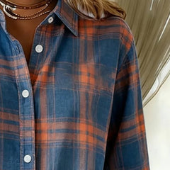 Plaid button-front shirt with notched collar in blue and orange, white buttons