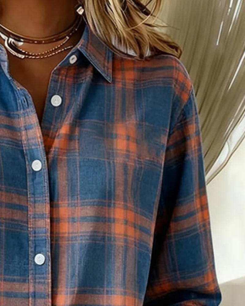 Plaid button-front shirt with notched collar in blue and orange, white buttons