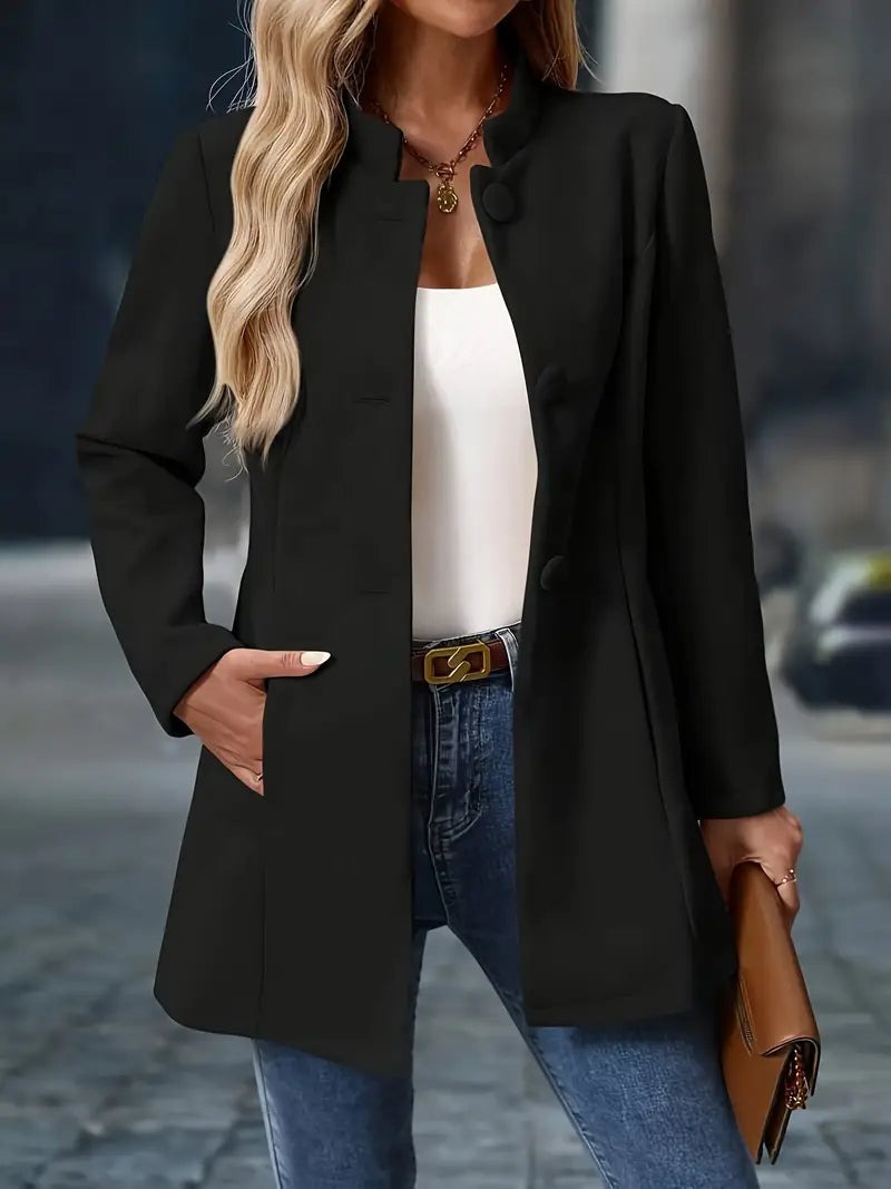 Women's black tailored coat with front buttons and notch collar