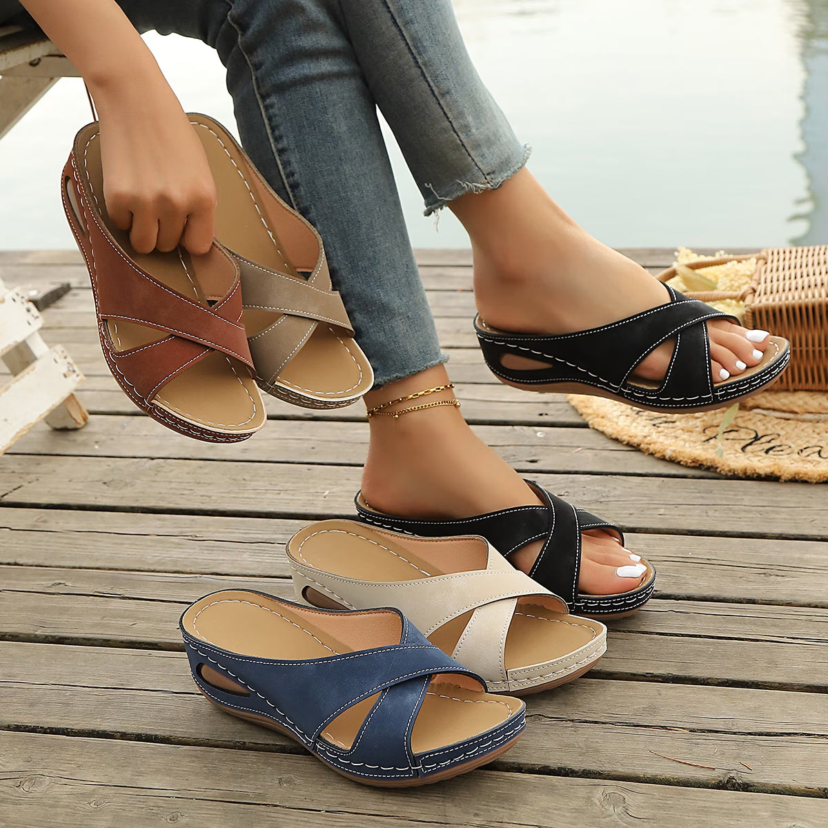 Color-mixed sandals: black, navy and beige open-toe styles with crossover straps