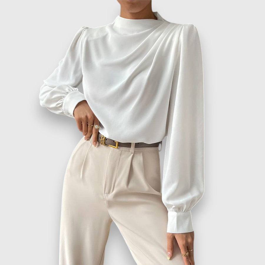White long-sleeve satin top with high neckline and gathered sleeves