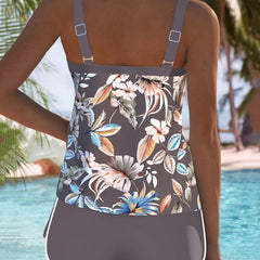 Grey tropical floral tankini from back view with wide adjustable shoulder straps
