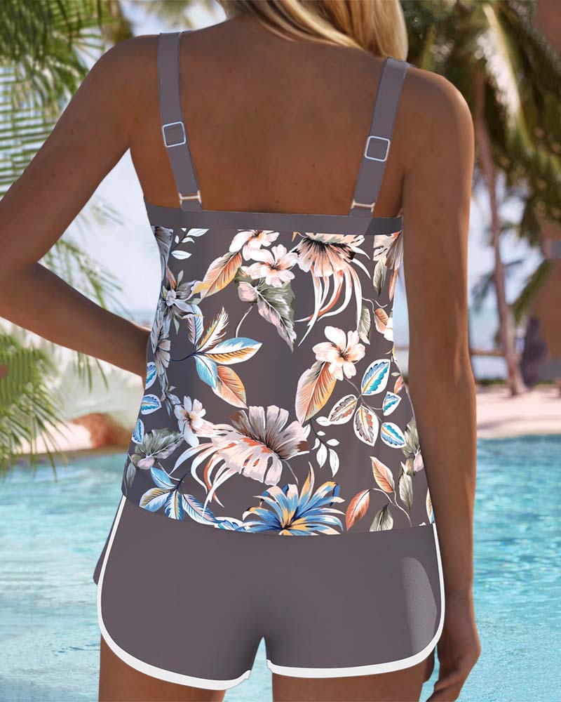 Grey tropical floral tankini from back view with wide adjustable shoulder straps