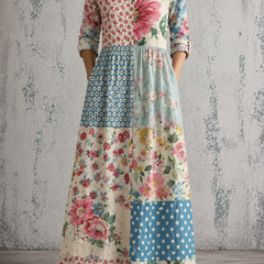 RHONDA™ patchwork floral maxi dress, V-neck, three-quarter sleeves