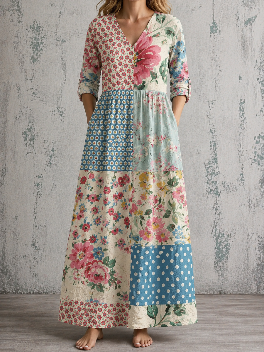 RHONDA™ patchwork floral maxi dress, V-neck, three-quarter sleeves
