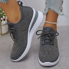 Dark charcoal comfort sneakers, lace-up knit upper with white stripe midsole