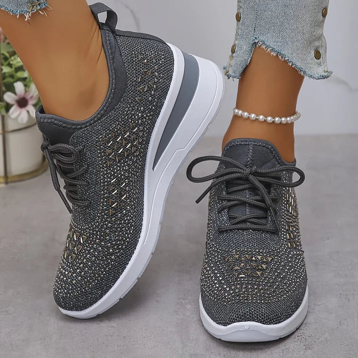 Dark charcoal comfort sneakers, lace-up knit upper with white stripe midsole