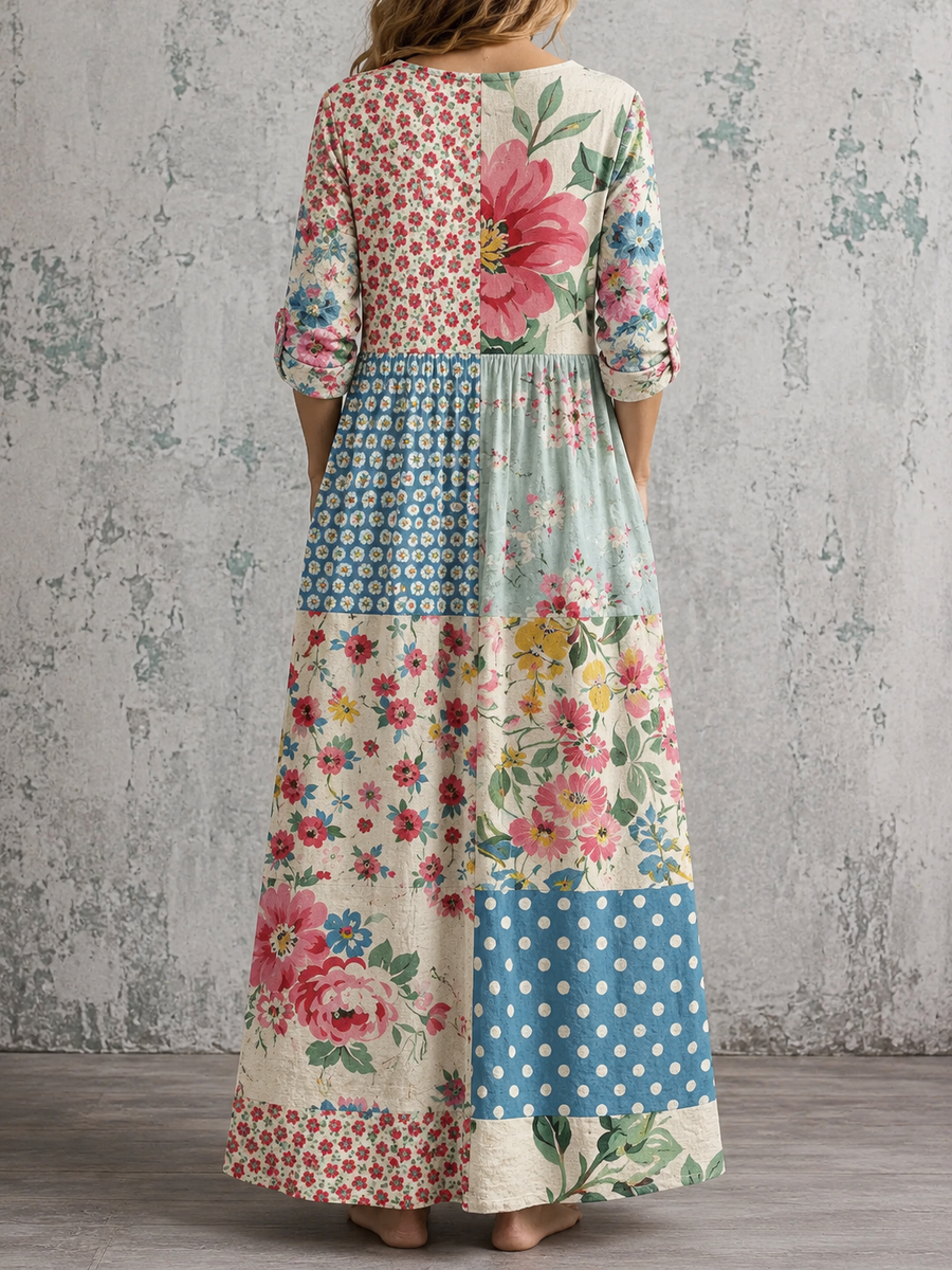 RHONDA™ patchwork floral maxi dress, back view, three-quarter sleeves
