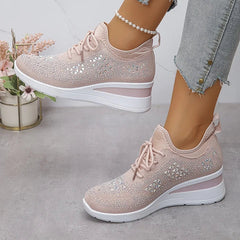 Blush pink comfort sneakers, lace-up knit design with white sole and textured pattern