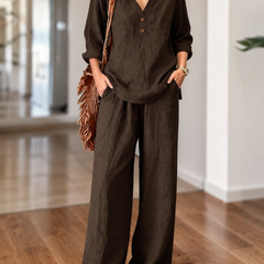 Dark brown long-sleeve two-piece set with V-neck tunic top and wide-leg pants