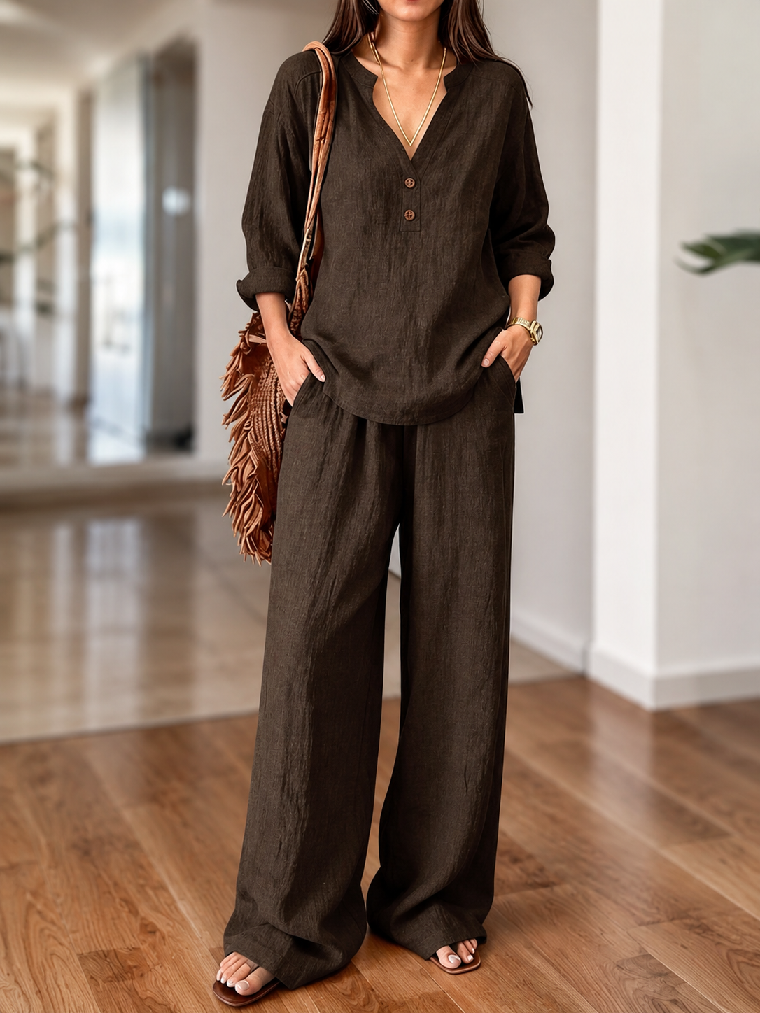 Dark brown long-sleeve two-piece set with V-neck tunic top and wide-leg pants
