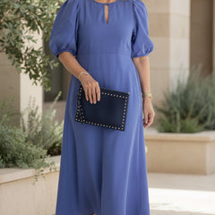 Lavender blue maxi dress with puff sleeves and keyhole neckline, gathered waist.