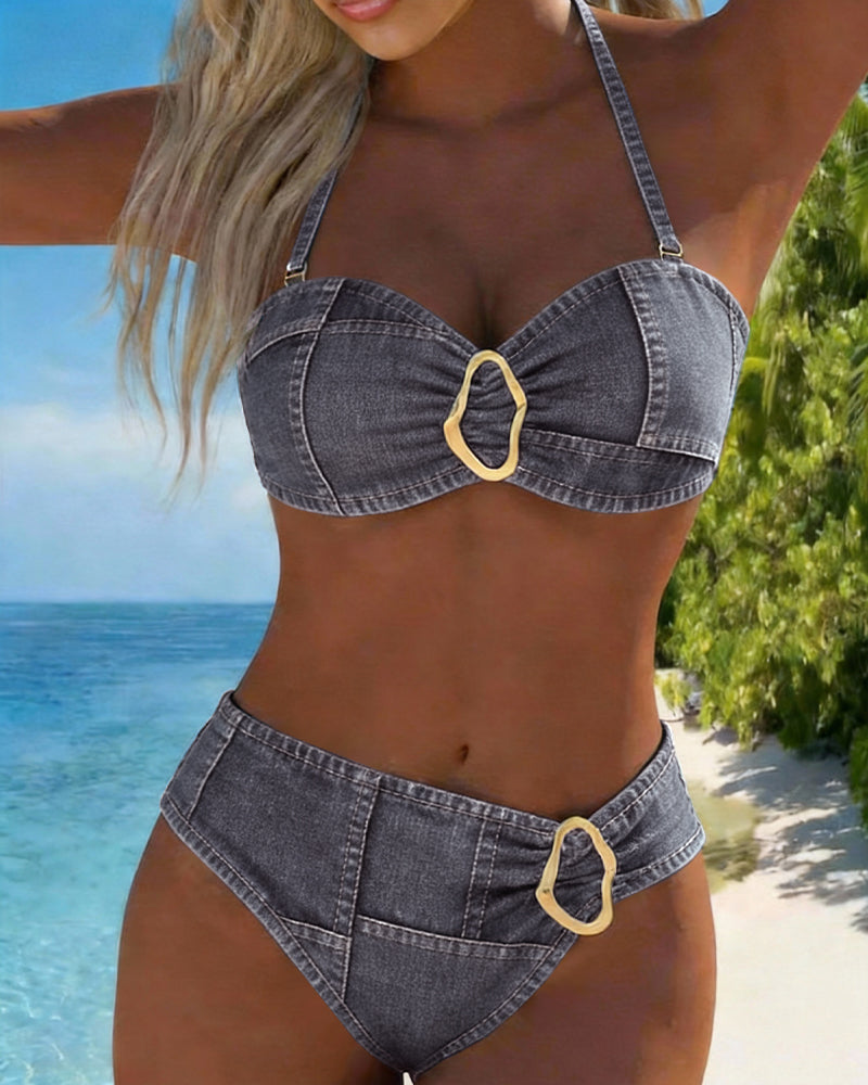 Dark grey denim-style bandeau bikini top with center oval metal buckle; matching high-rise bottom