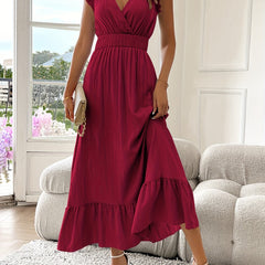 Burgundy deep V-neck ruffle maxi dress with tiered hem and flutter sleeves