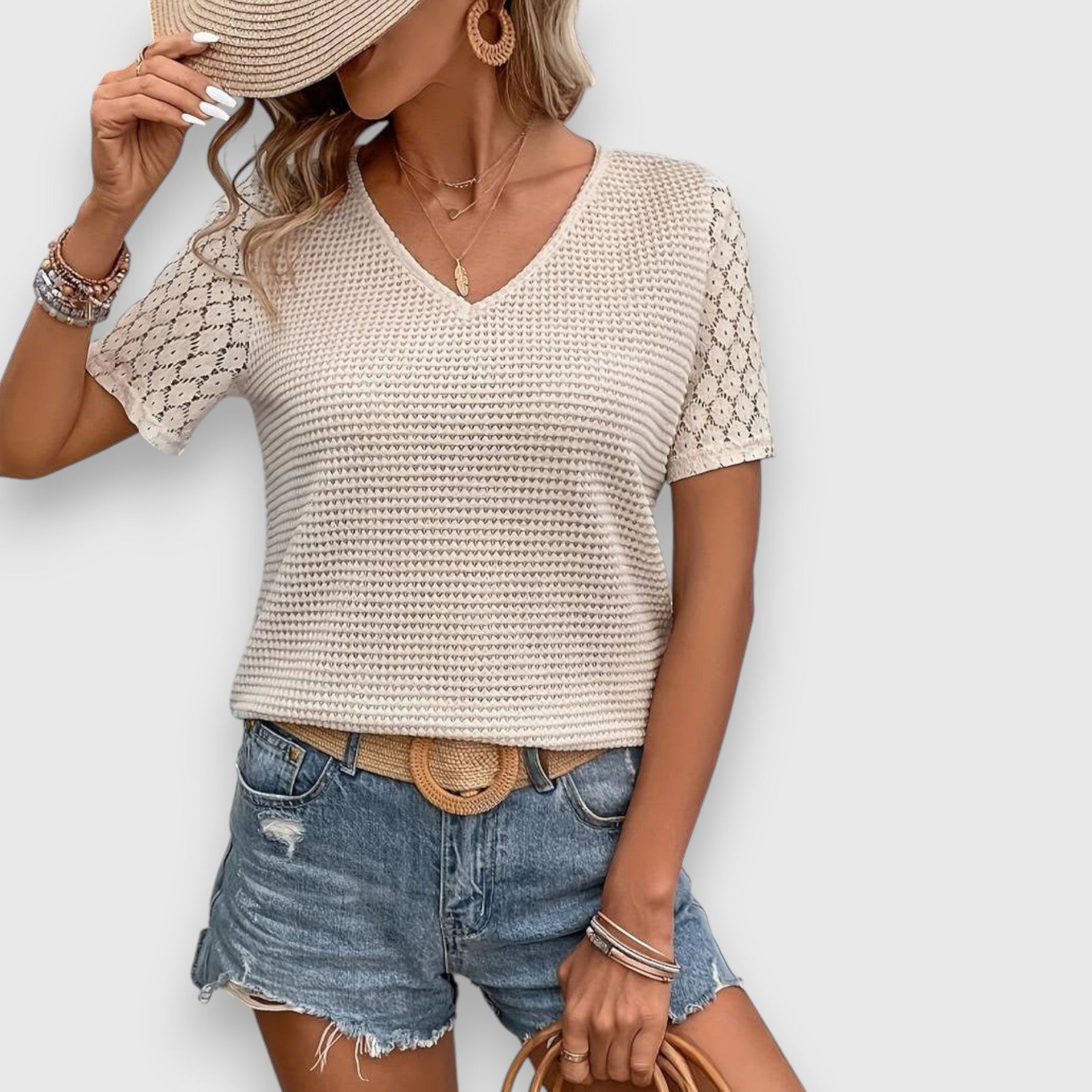 Emanie knit shirt with V-neck and short sleeves, lace-textured sleeves, cream
