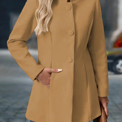 Women's camel tailored coat with buttoned closure and long sleeves
