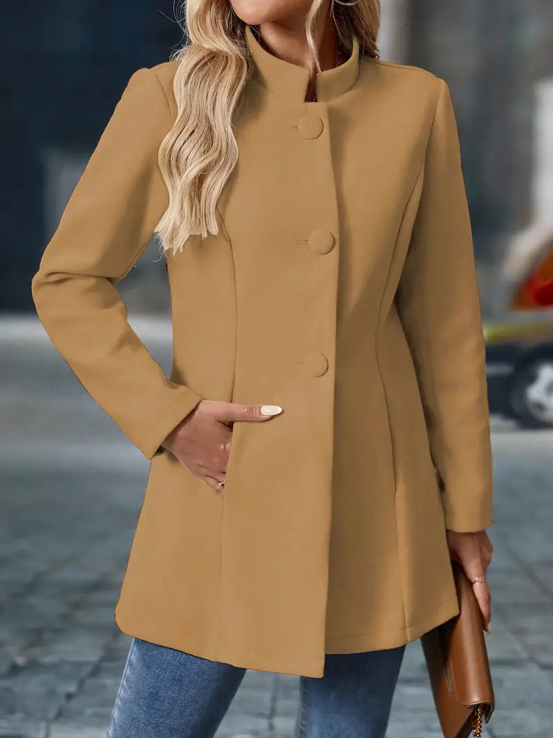 Women's camel tailored coat with buttoned closure and long sleeves