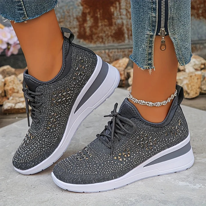 Charcoal comfort sneakers, lace-up knit fabric with white midsole and low wedge
