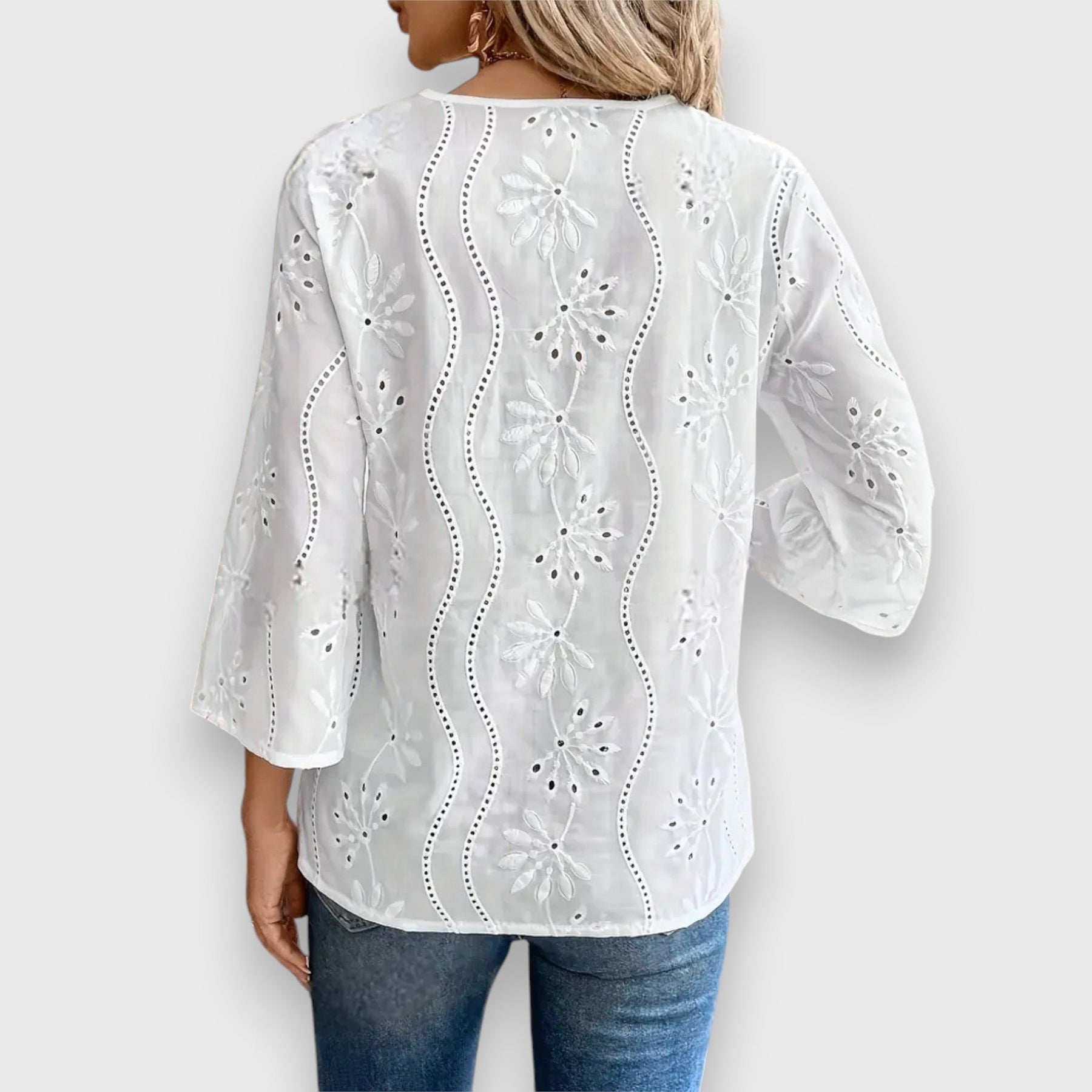 White embroidered long sleeve blouse with eyelet cutwork back
