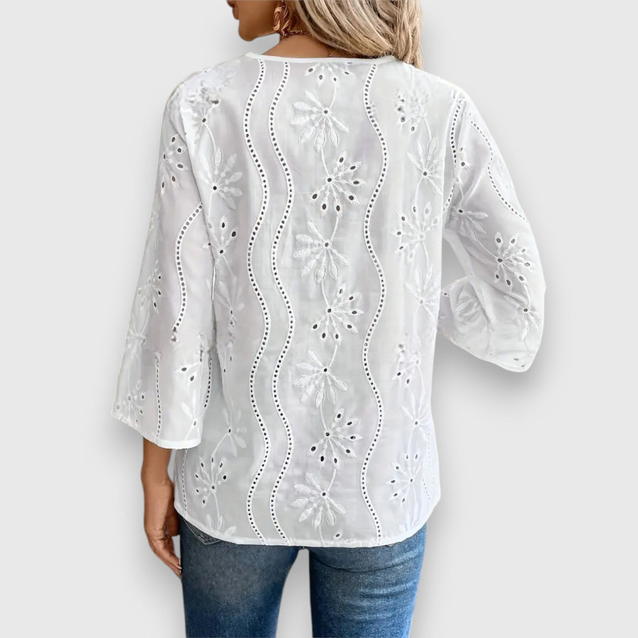 White embroidered long sleeve blouse with eyelet cutwork back