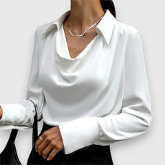 Long sleeve satin blouse with draped cowl neckline, white; button cuff