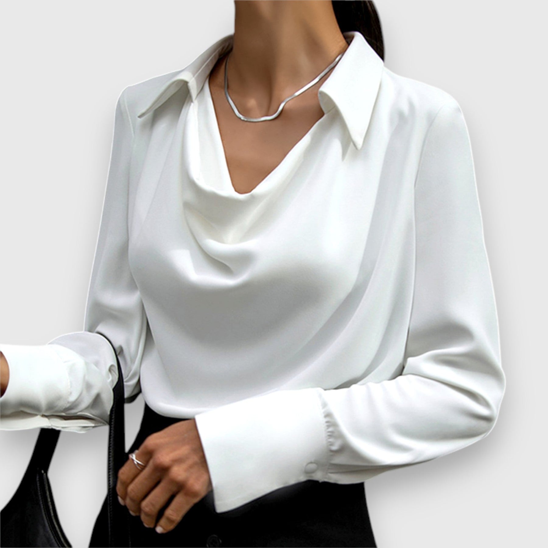 Long sleeve satin blouse with draped cowl neckline, white; button cuff