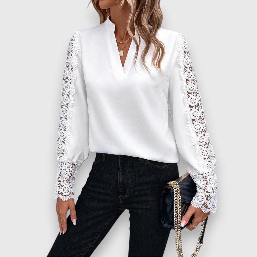 White V-neck long-sleeve blouse with allover lace sleeve detailing
