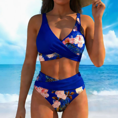 Dark blue floral contrast wrap bikini with matching high-rise bottoms