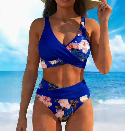Dark blue floral contrast wrap bikini with matching high-rise bottoms