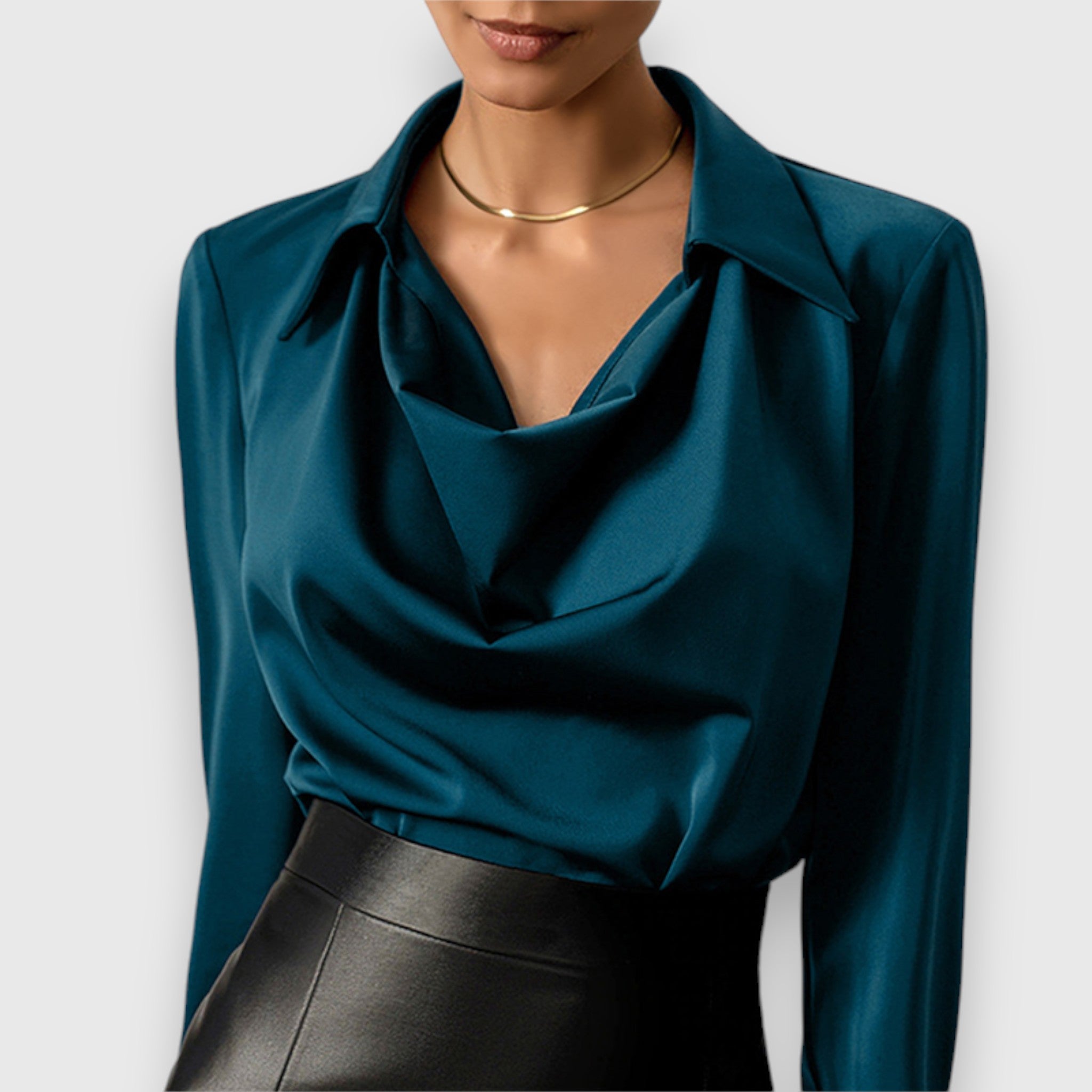 Long sleeve satin blouse with draped cowl neckline, teal blue