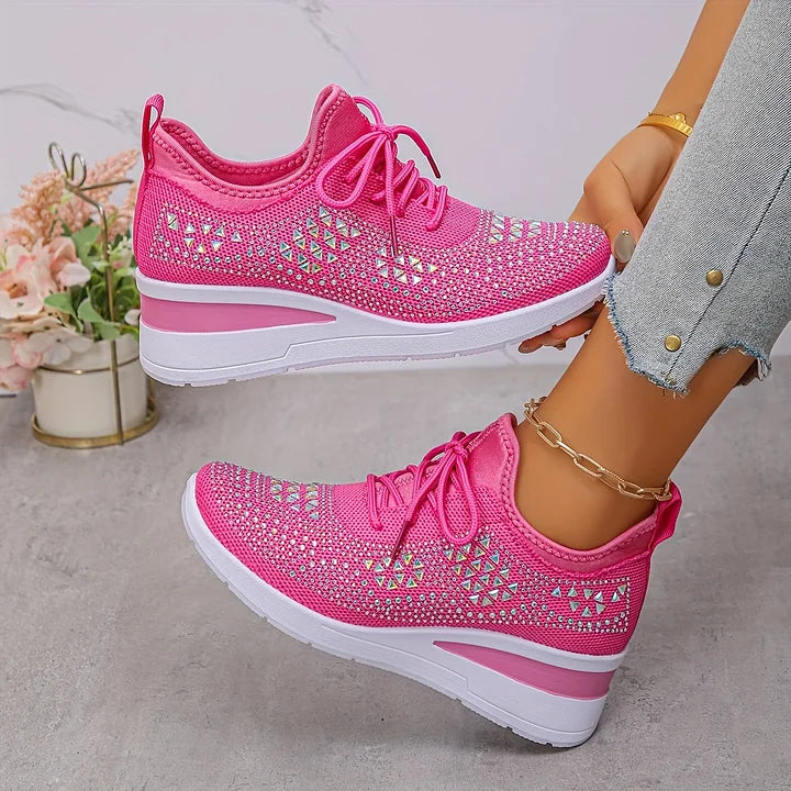 Pink knit lace-up comfort sneakers with diamond pattern and white cushioned sole