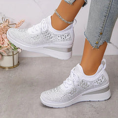 White lace-up comfort sneakers with rhinestone geometric upper and cushioned midsole