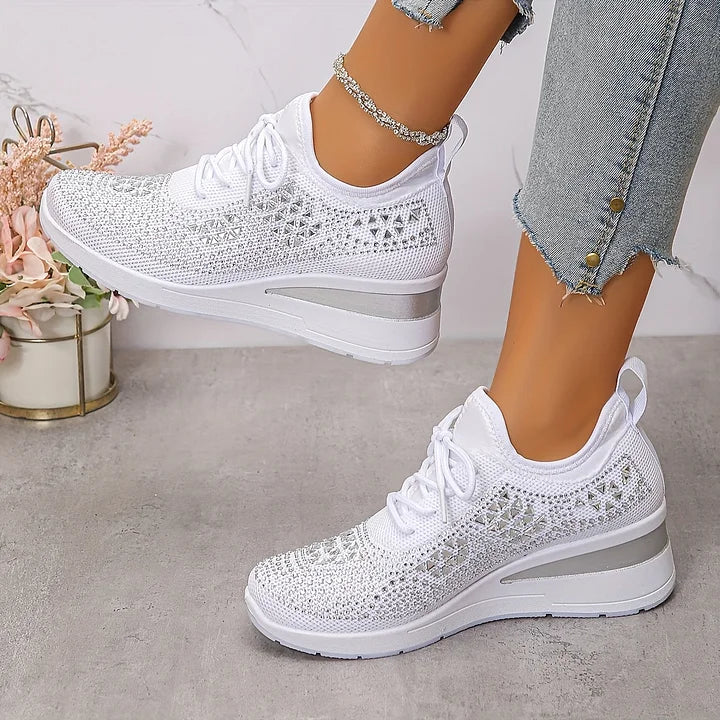White lace-up comfort sneakers with rhinestone geometric upper and cushioned midsole
