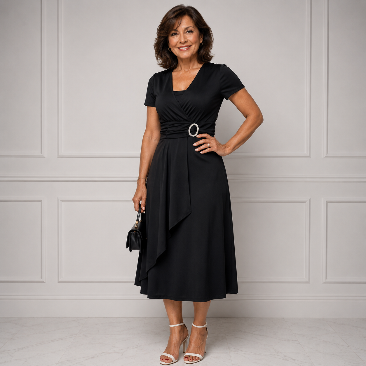 Rhinestone waist midi dress in black, short sleeves, V-neck wrap skirt