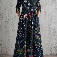 Floral summer dress with V-neck, three-quarter sleeves, gathered waist, dark navy print