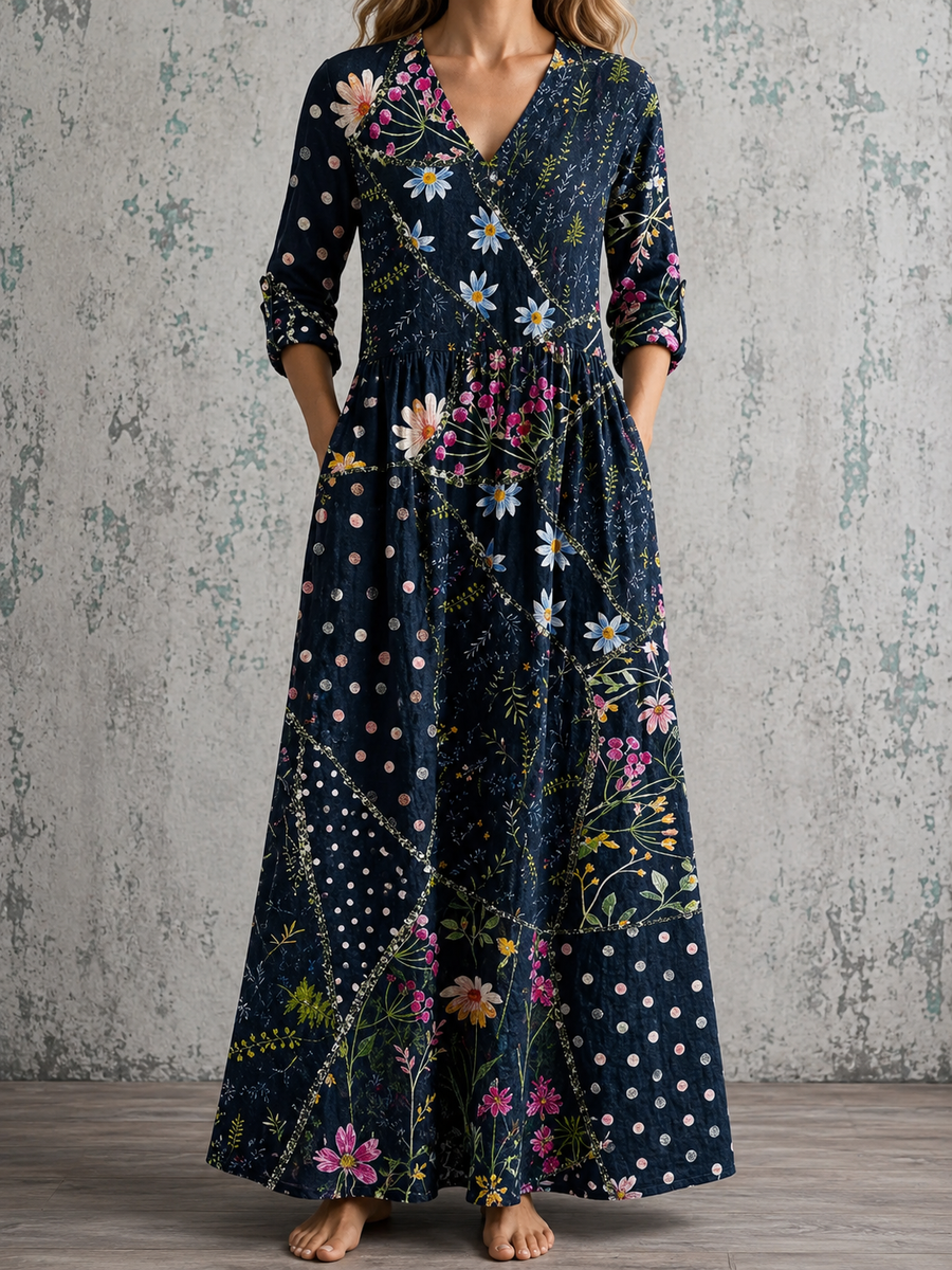 Floral summer dress with V-neck, three-quarter sleeves, gathered waist, dark navy print