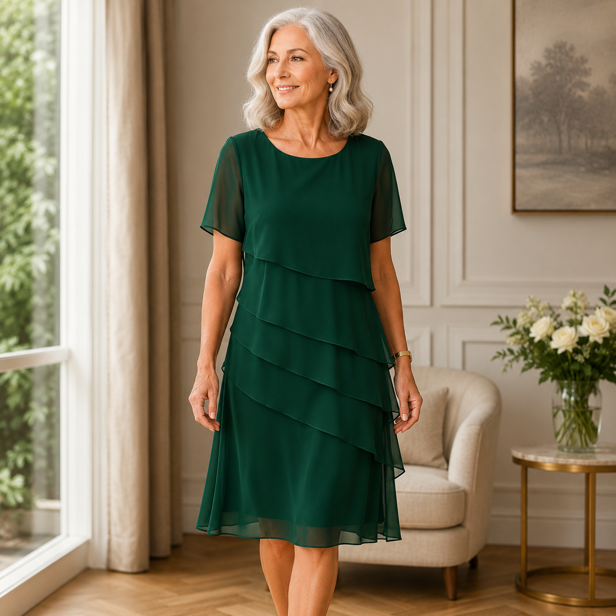 Green ruffle midi dress with short sleeves and layered tiered skirt