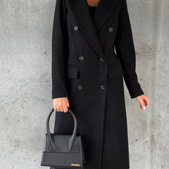 Black long double-breasted coat with notched lapel, button front, side pockets