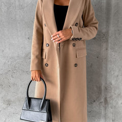 Camel long double-breasted coat with notched lapel, front buttons, flap pockets