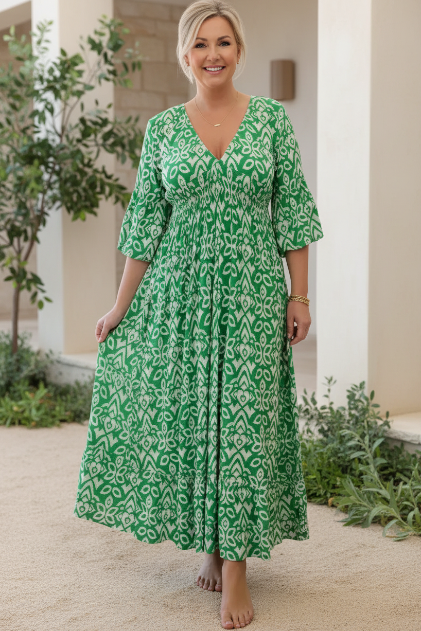 Mint green bohemian dress with white pattern, V-neck, gathered waist, 3/4 sleeves