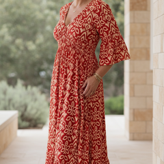 Scarlet red bohemian dress with white pattern, V-neck, gathered waist, 3/4 sleeves