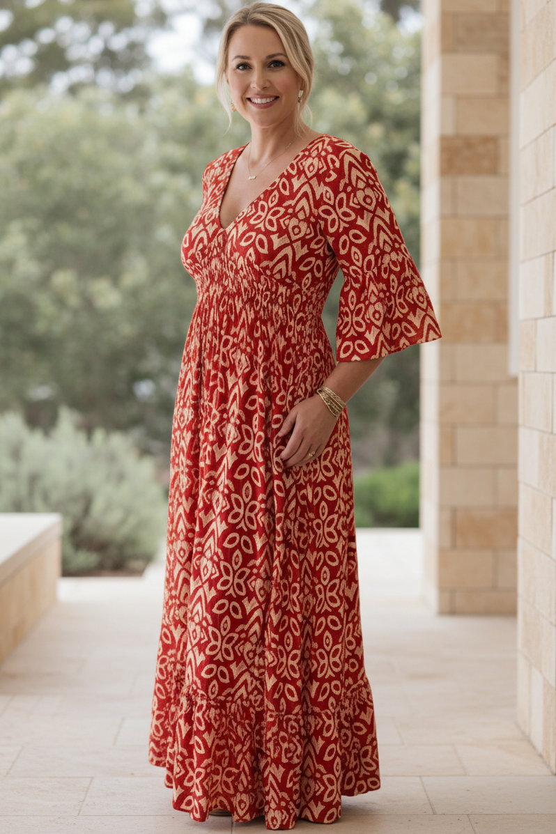 Scarlet red bohemian dress with white pattern, V-neck, gathered waist, 3/4 sleeves