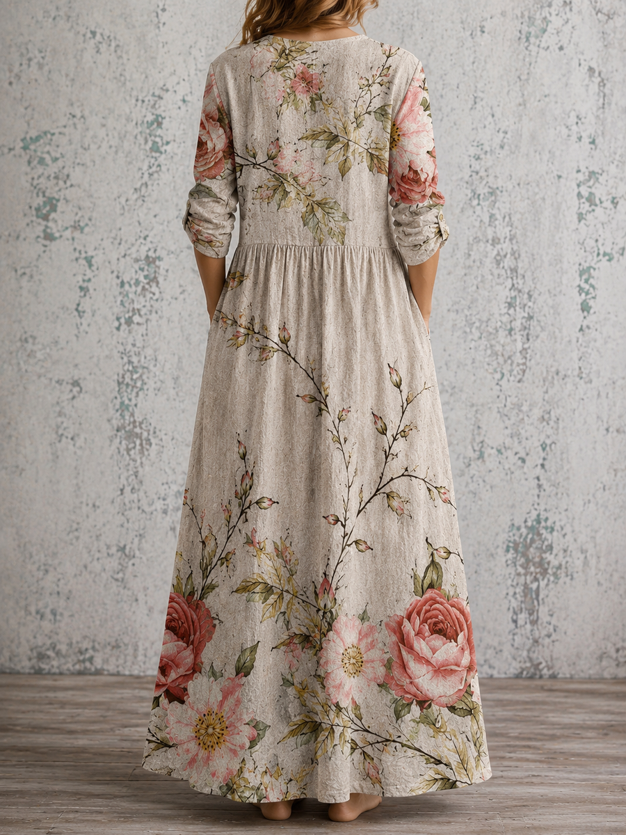 Back view floral maxi dress in light gray with pink rose print, gathered waist, 3/4 sleeves