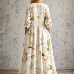 ANNE™ floral summer dress, back view: long sleeves, gathered waist, botanical print on cream