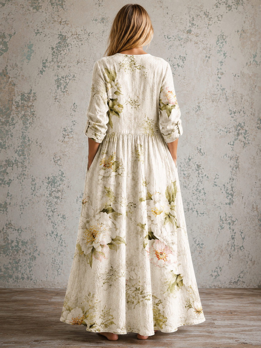 ANNE™ floral summer dress, back view: long sleeves, gathered waist, botanical print on cream