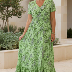 Lime green floral maxi dress, V-neck, short sleeves, gathered waist, tiered skirt